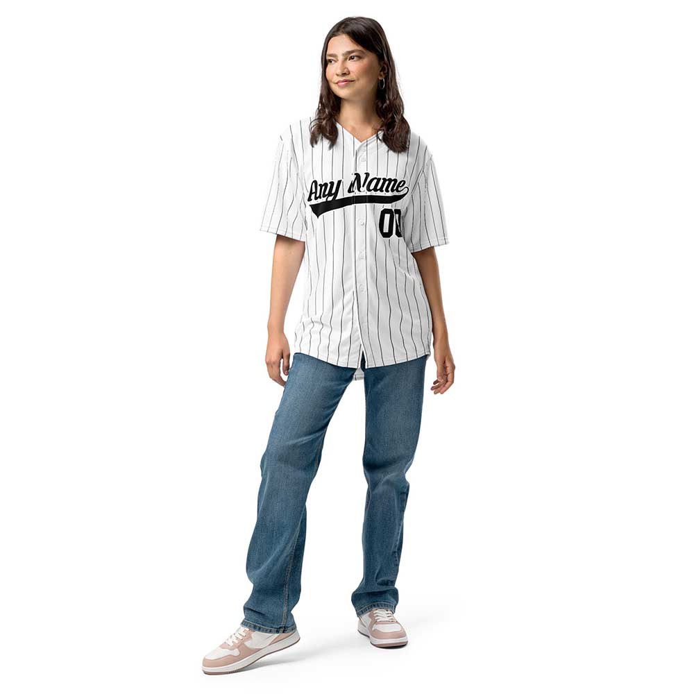 Custom White Baseball Jersey, Black Stripes