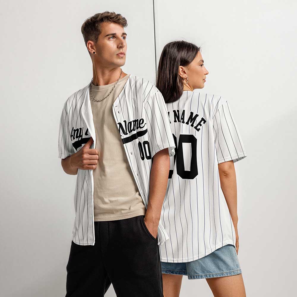Custom White Baseball Jersey, Black Stripes