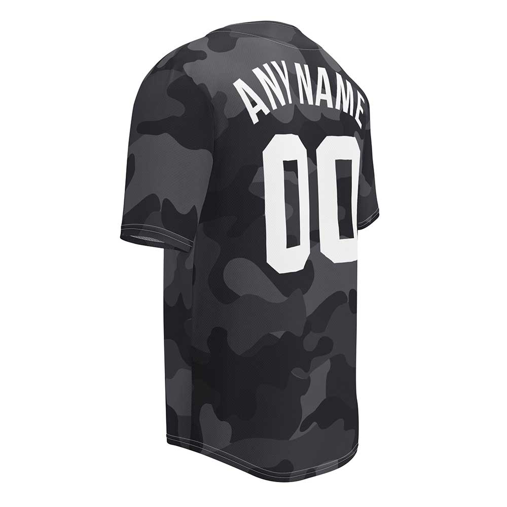 Custom Black Camo Baseball Jersey, White Letters