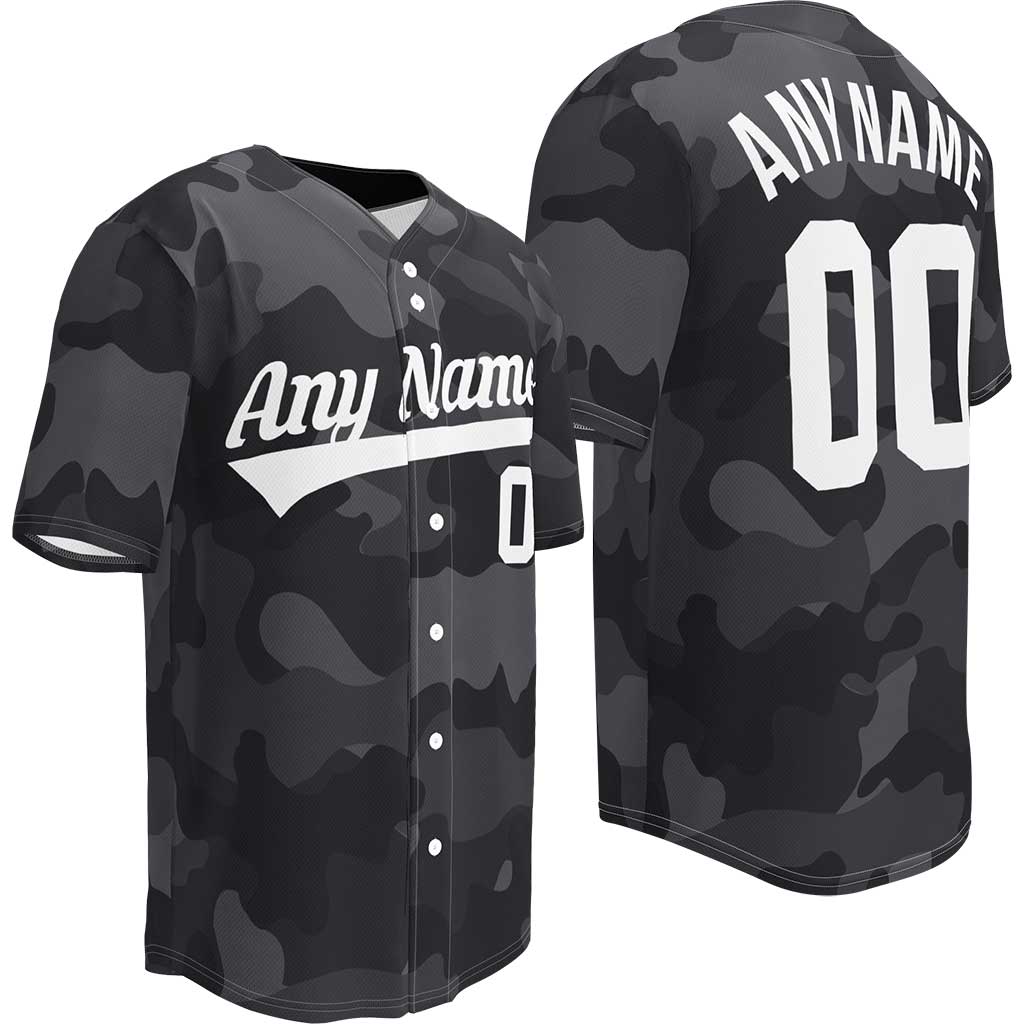 Custom Black Camo Baseball Jersey, White Letters