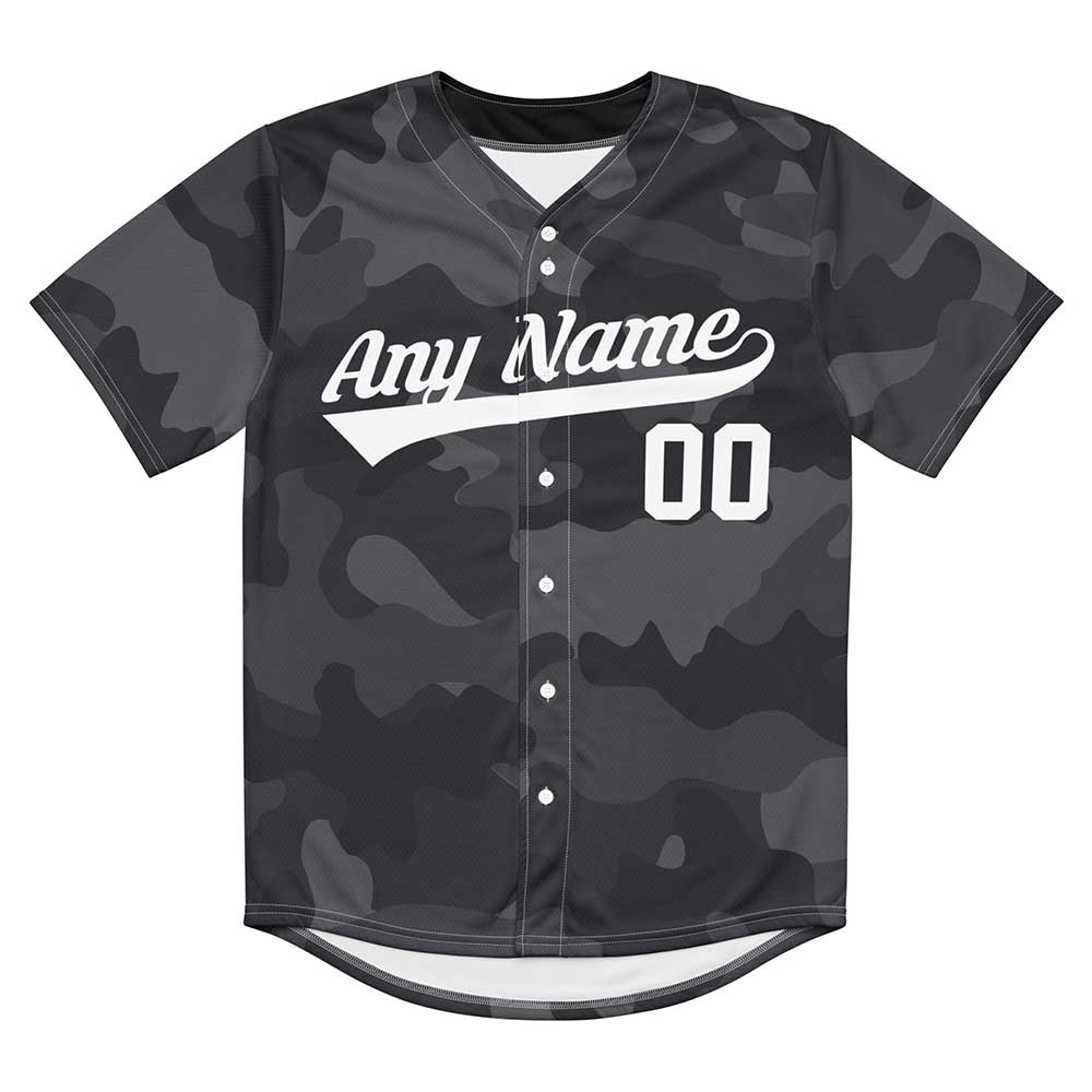 Custom Black Camo Baseball Jersey, White Letters