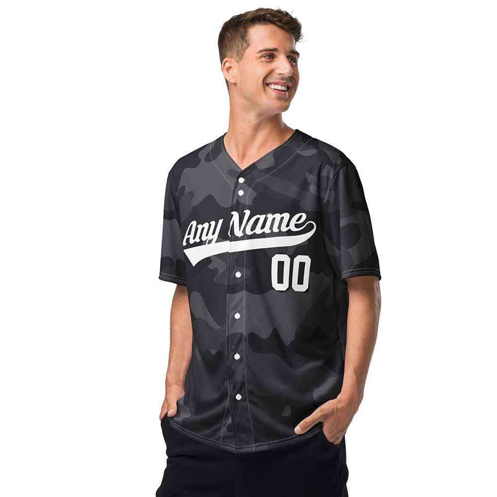 Custom Black Camo Baseball Jersey, White Letters
