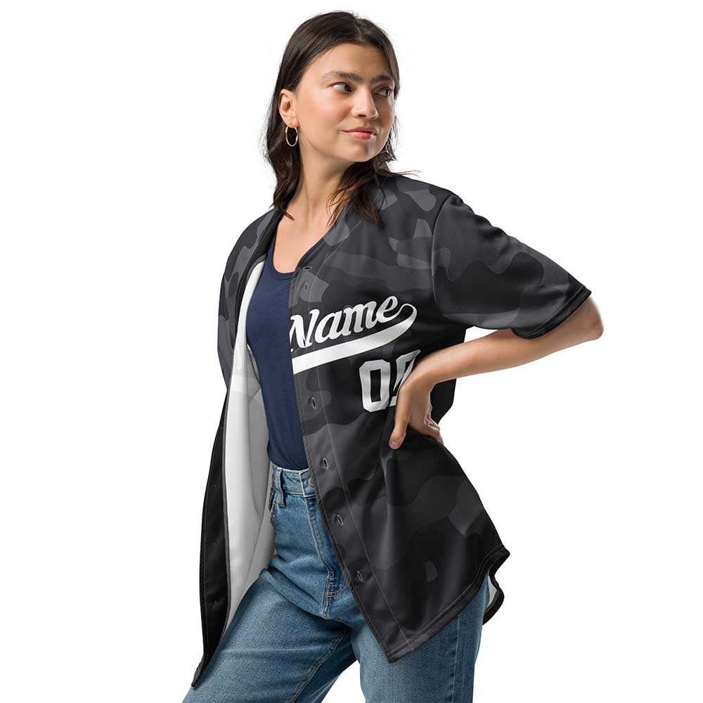 Custom Black Camo Baseball Jersey, White Letters