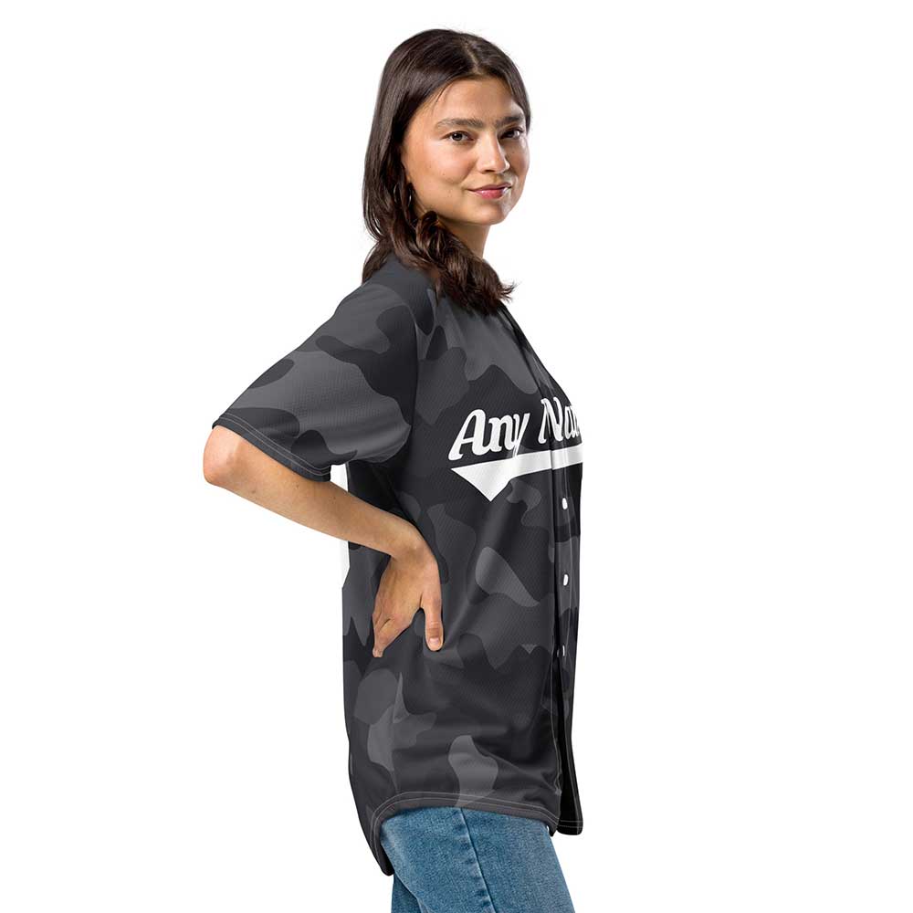 Custom Black Camo Baseball Jersey, White Letters