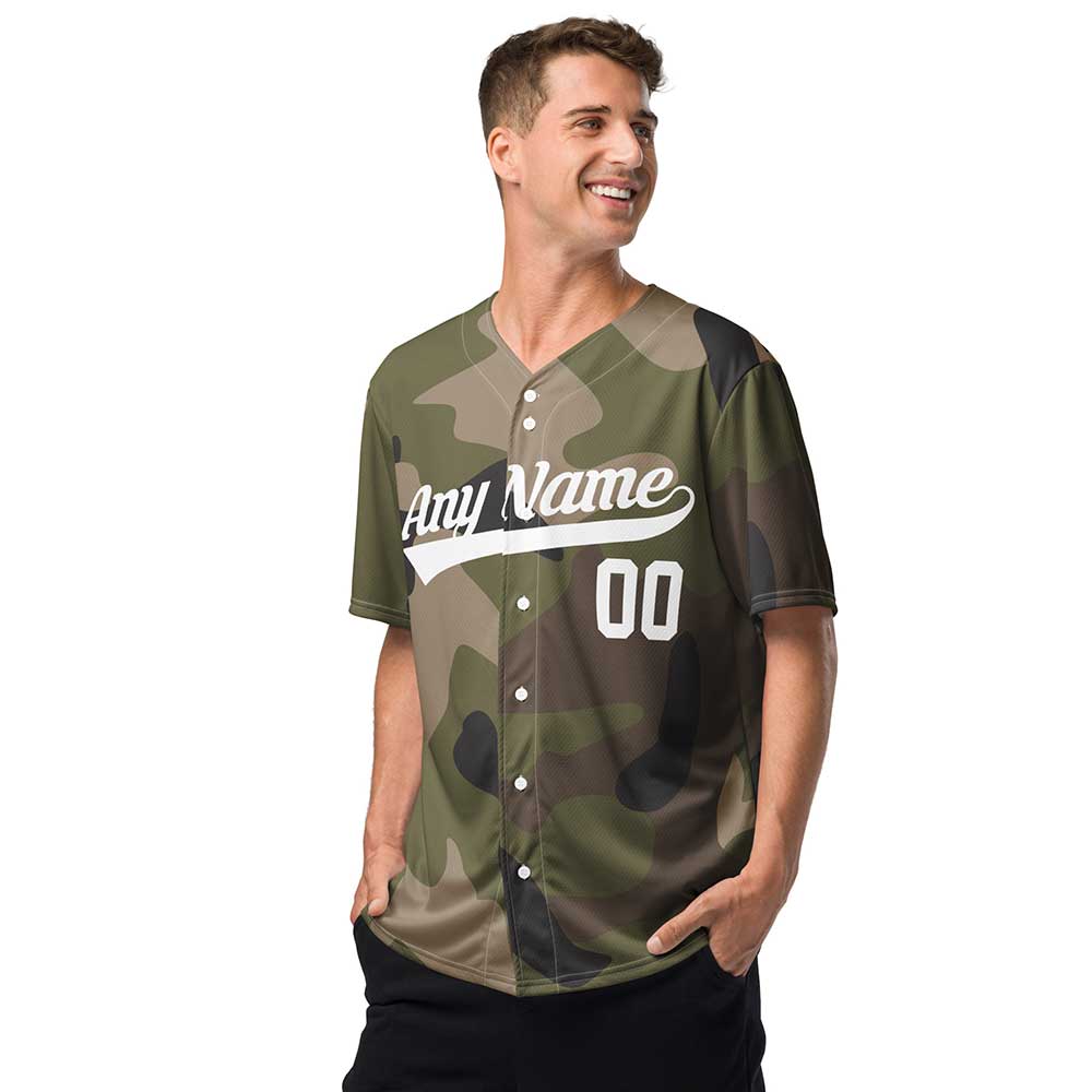 Custom Green Multicam Baseball Jersey, White Letters