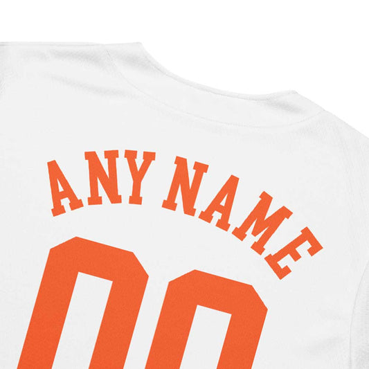 Custom White Baseball Jersey, Neon Orange Letters