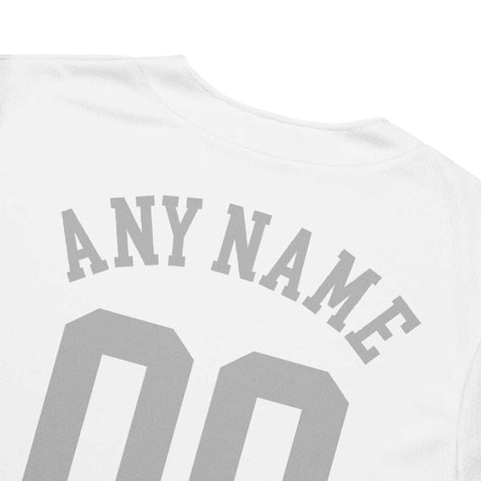 Custom White Baseball Jersey, Silver Letters