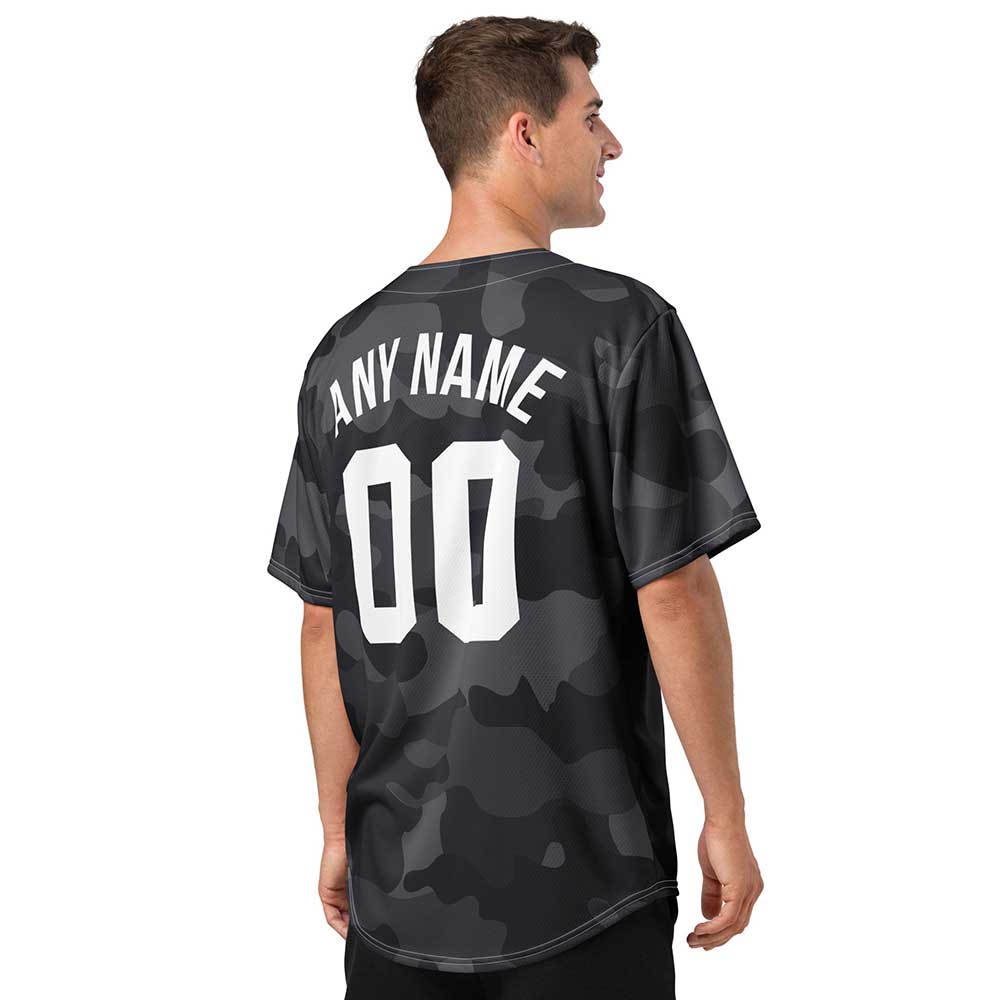 Custom Black Camo Baseball Jersey, White Letters