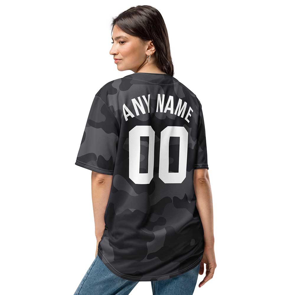 Custom Black Camo Baseball Jersey, White Letters
