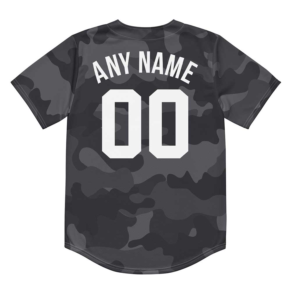 Custom Black Camo Baseball Jersey, White Letters