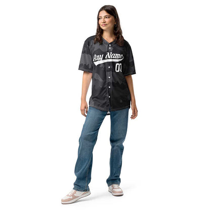 Custom Black Camo Baseball Jersey, White Letters
