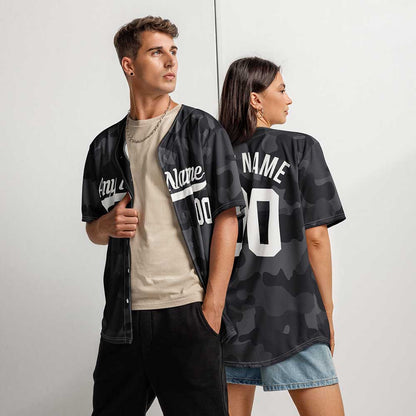 Custom Black Camo Baseball Jersey, White Letters