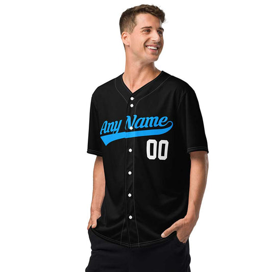 Custom Black Baseball Jersey, Vivid Blue/White Letters