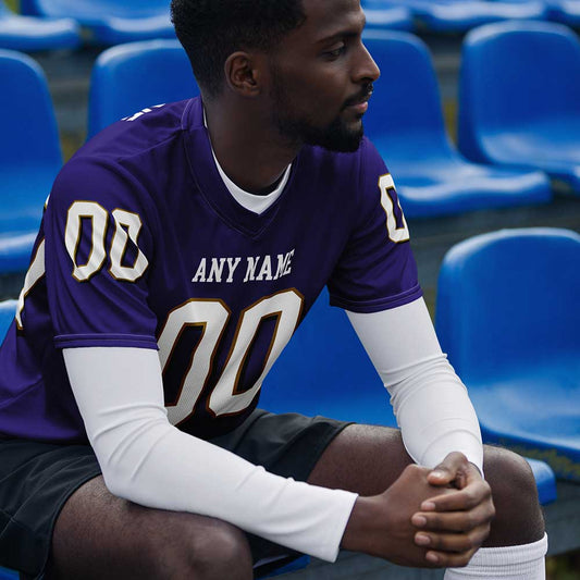 Custom Purple Football Fan Jersey, White/Gold Outline Letters