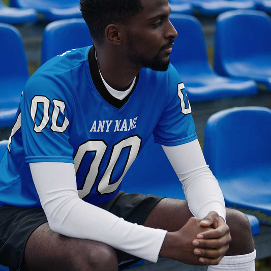 Custom Panther Blue Football Fan Jersey, White/Black Outline Letters