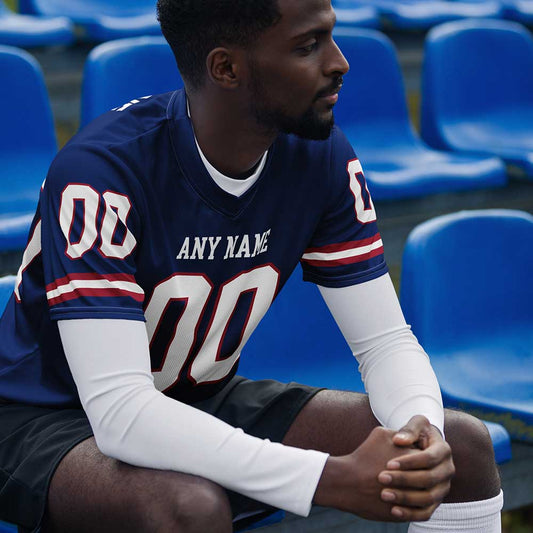 Custom Navy Football Fan Jersey, White/Red Outline Letters